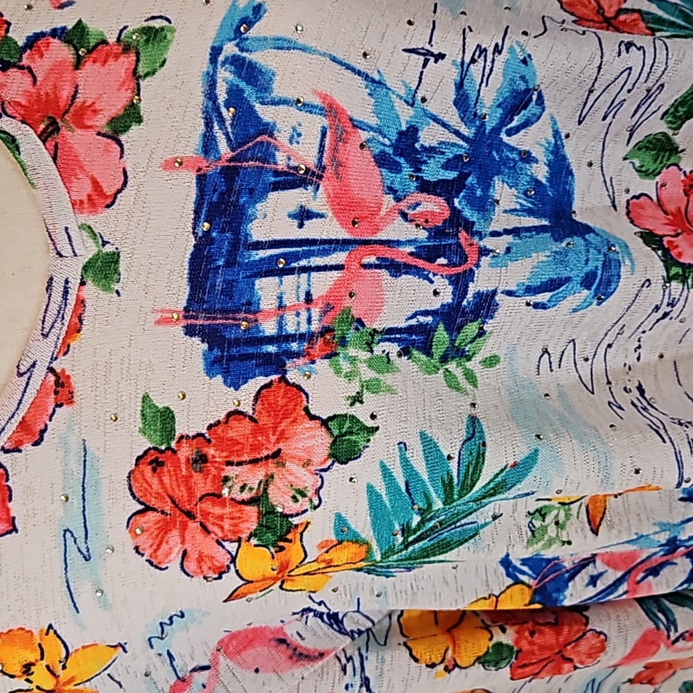 CATHY DANIELS TOP SHIRT 1X FLAMINGO FLORAL FLOWERS V-NECK PINK YELLOW BL… - Picture 3 of 9